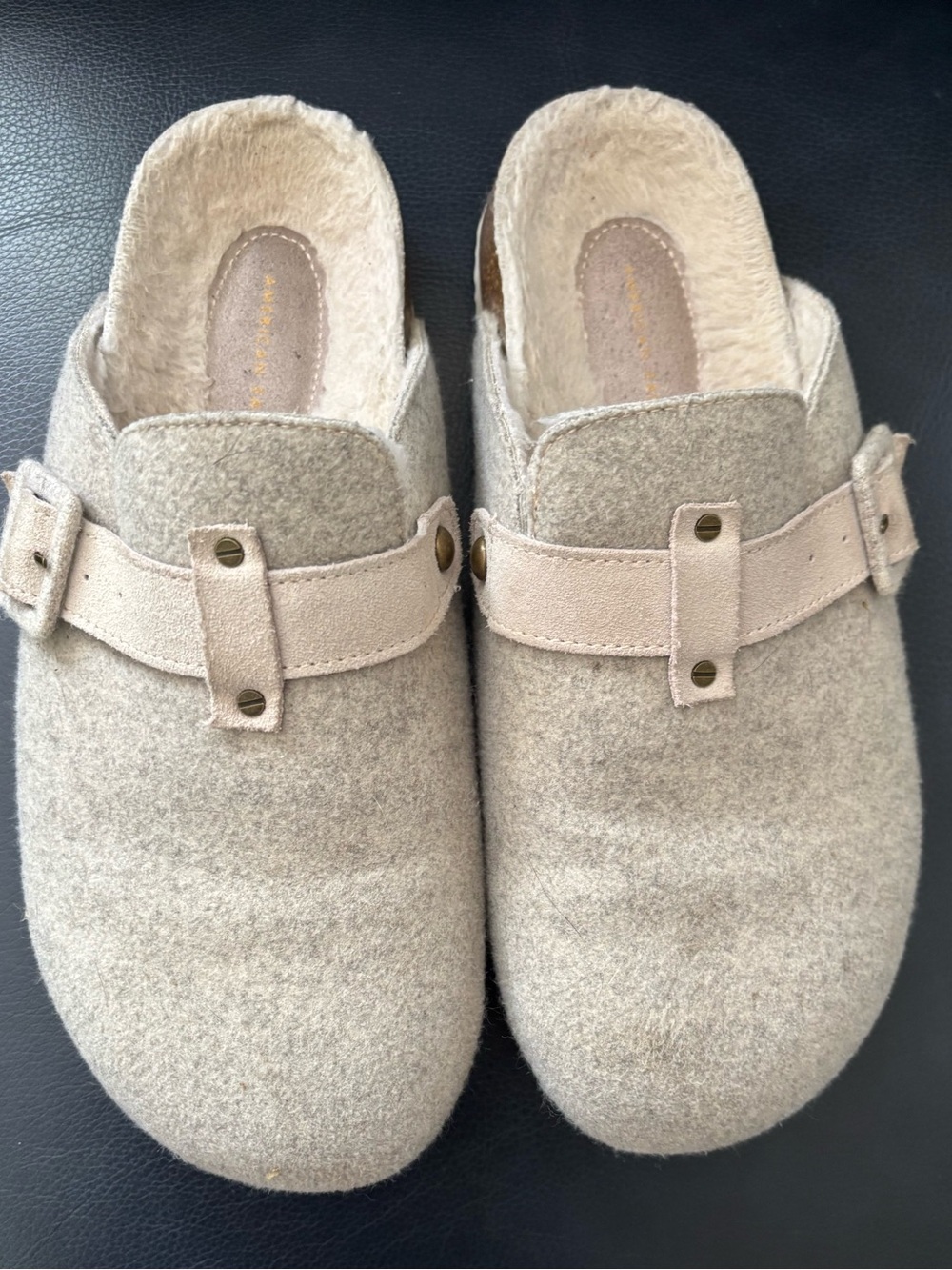 American Eagle Felt Clogs Faux Shearling Adjustable Buckle Cork Sole Size 10